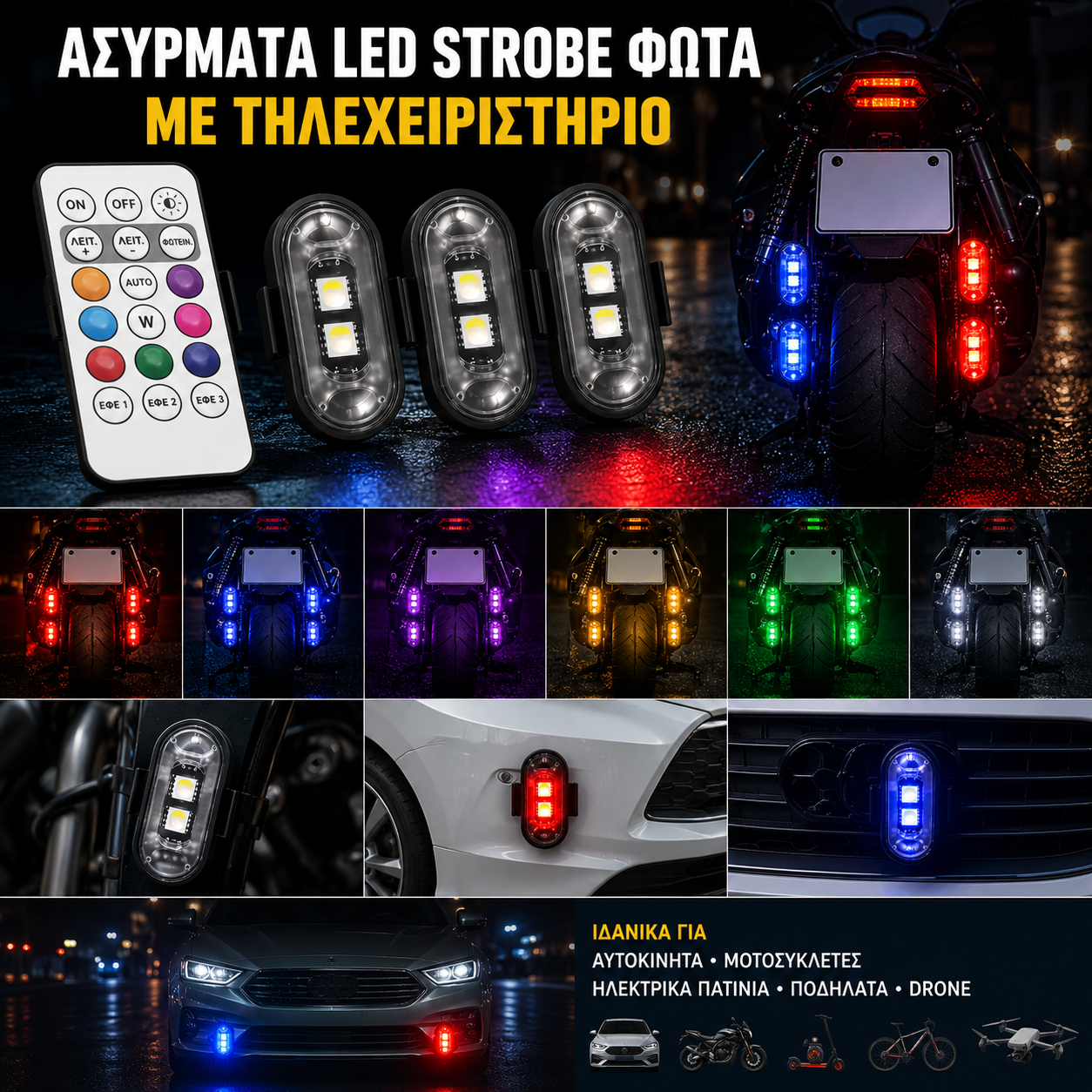 Ασύρματα LED Strobe Φώτα με Τηλεχειριστήριο